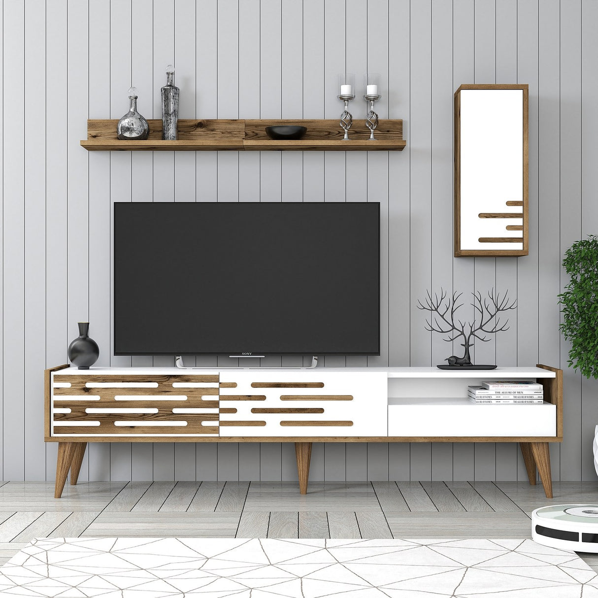 TV Meubels - TV Meubel Set Valensiya Walnoot Wit Melamine 180x35x45 cm - Dimehouse