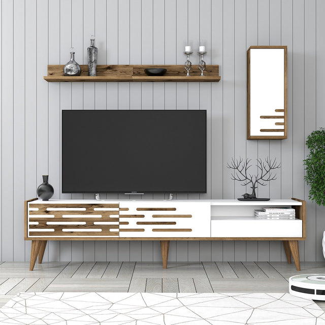 TV Meubels - TV Meubel Set Valensiya Walnoot Wit Melamine 180x35x45 cm - Dimehouse
