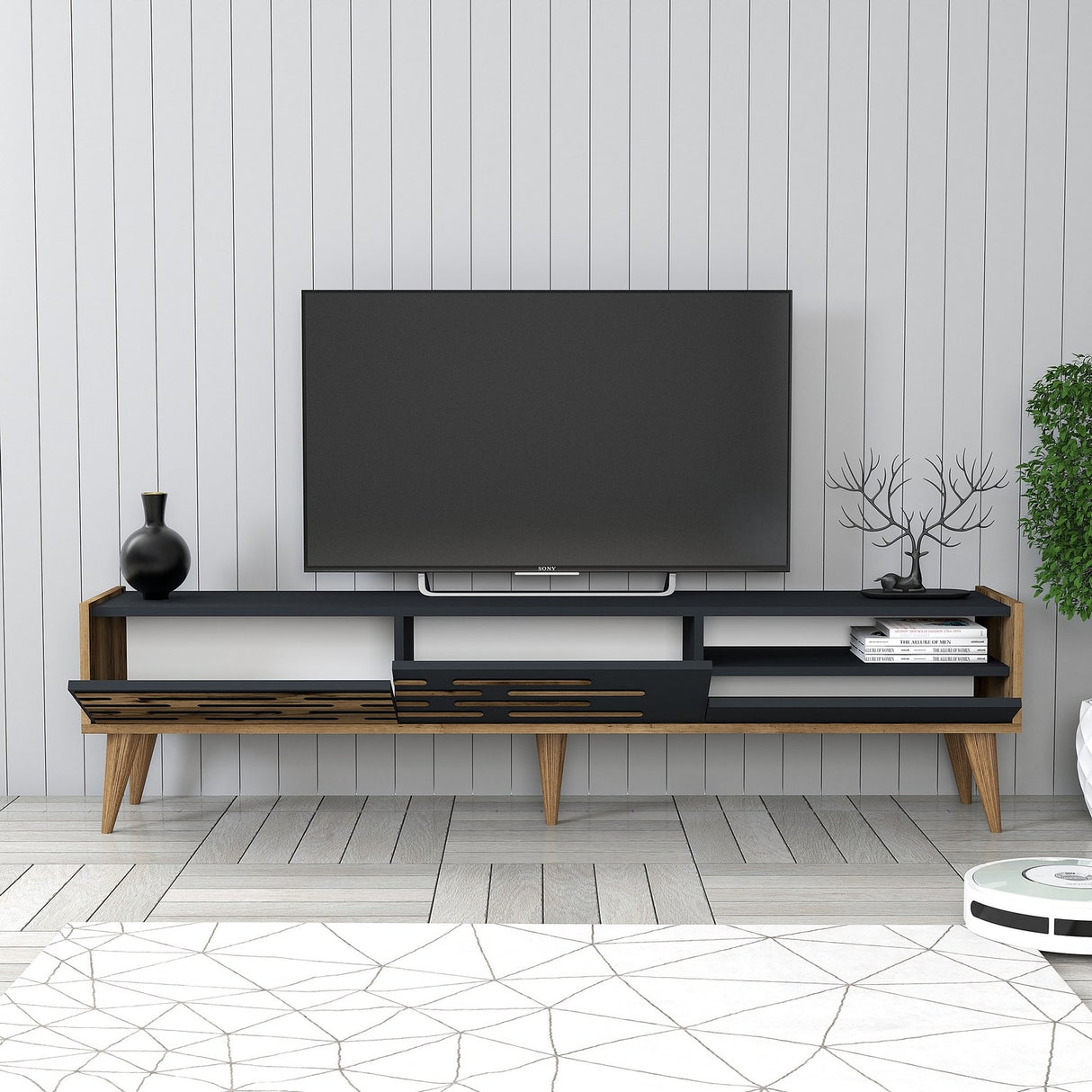 TV Meubels - TV Meubel Valensiya Walnoot Antraciet Melamine 180x35x45 cm - Dimehouse