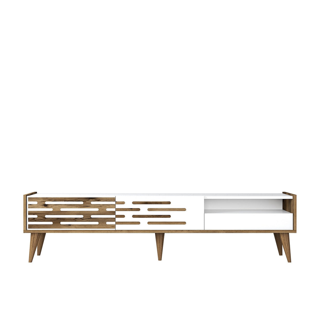 TV Meubels - TV Meubel Valensiya Walnoot Wit Melamine 180x35x45 cm - Dimehouse