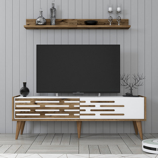 TV Meubels - TV Meubel Set Valensiya Walnoot Wit Melamine 140x35x45 cm - Dimehouse