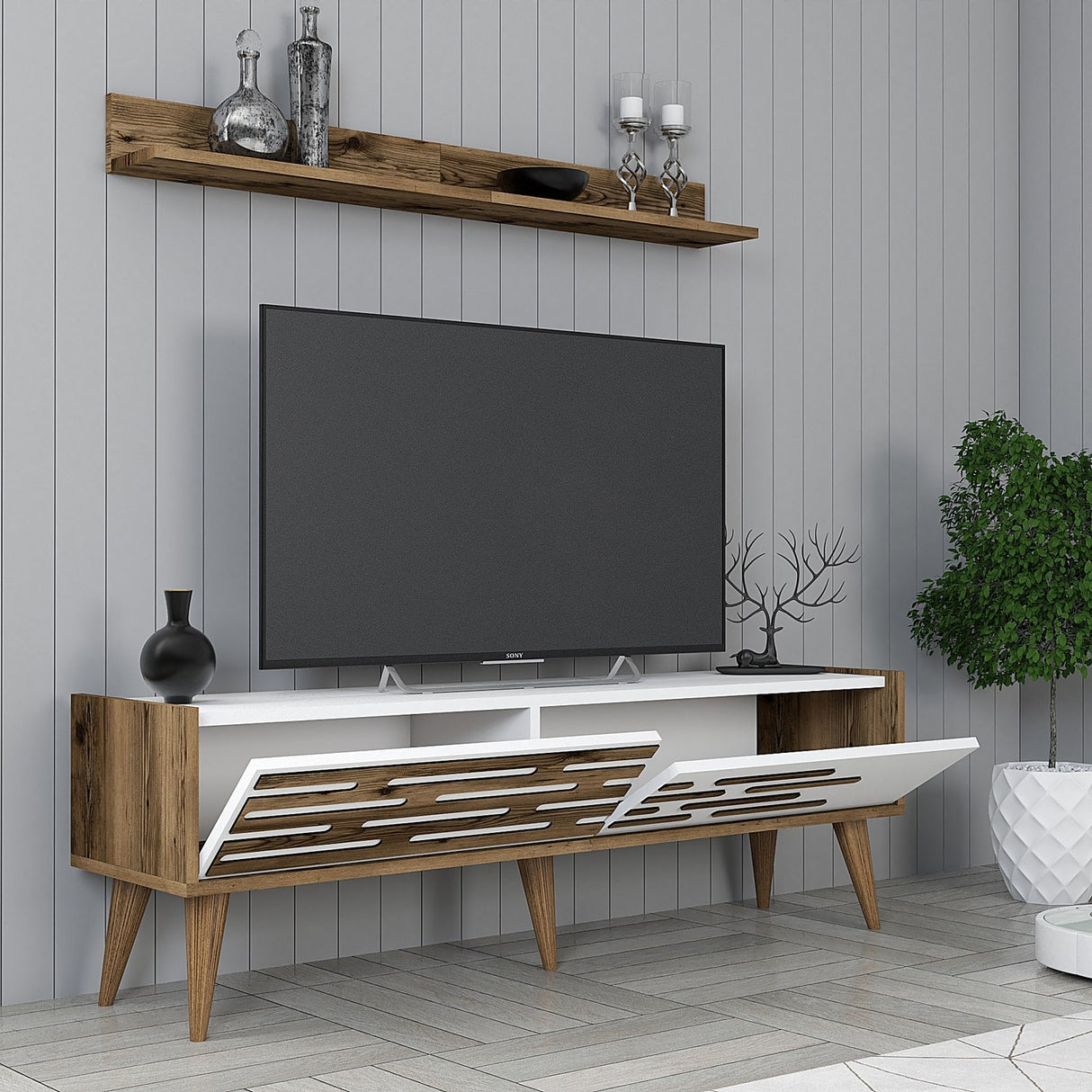 TV Meubels - TV Meubel Set Valensiya Walnoot Wit Melamine 140x35x45 cm - Dimehouse