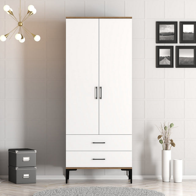 Kledingkasten - Kledingkast Kumsal T Walnoot Wit Melamine 80x47,5x201,4 cm - Dimehouse