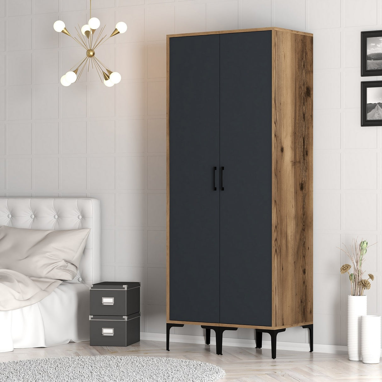Kledingkasten - Kledingkast Kumsal SS Walnoot Antraciet Melamine 80x47,5x201,4 cm - Dimehouse