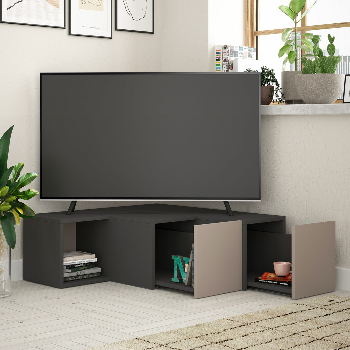 Mobile TV Compact Antracite Marrone Melaminico 90x32x92 cm