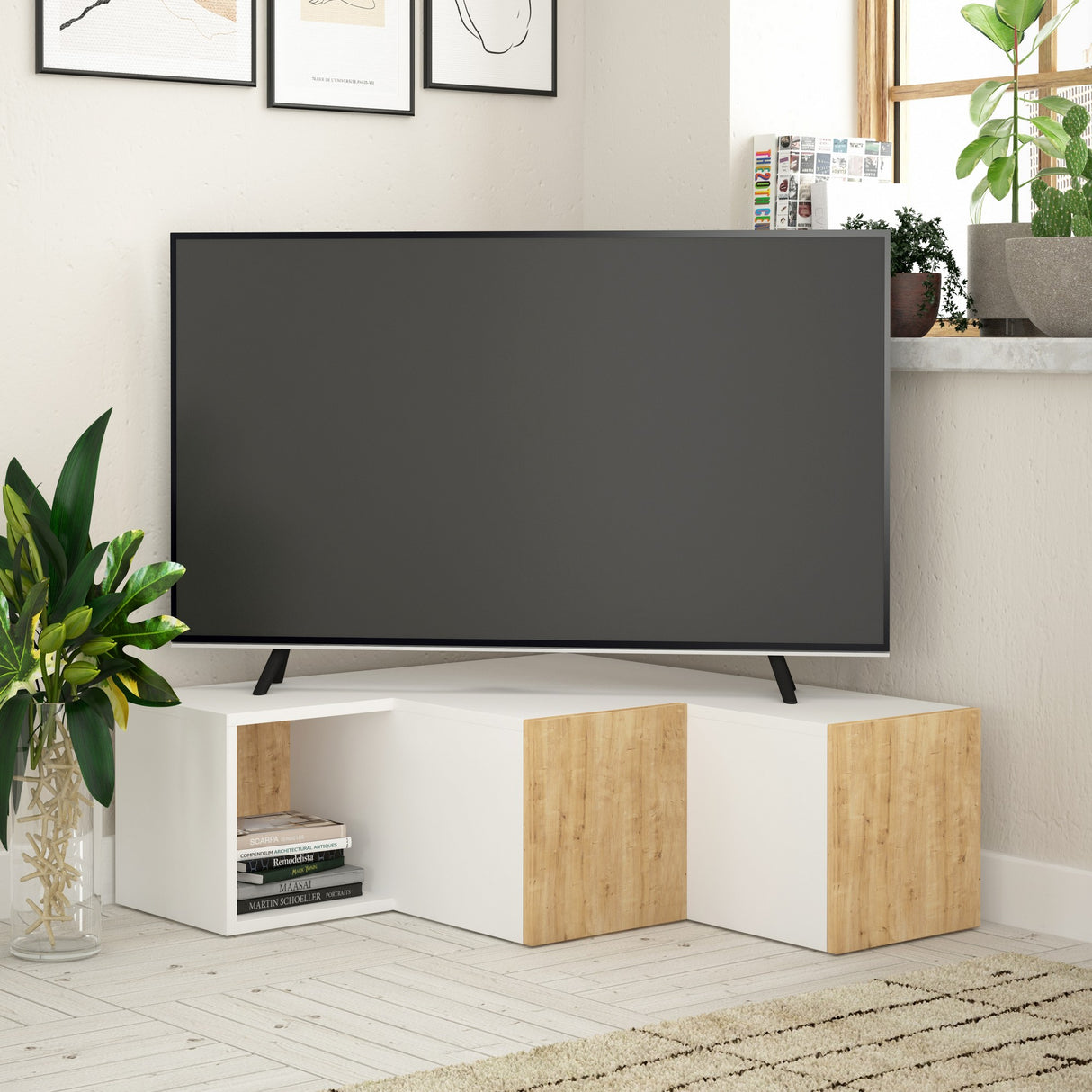 Mobile TV compatto bianco rovere melaminico 90x32x92 cm