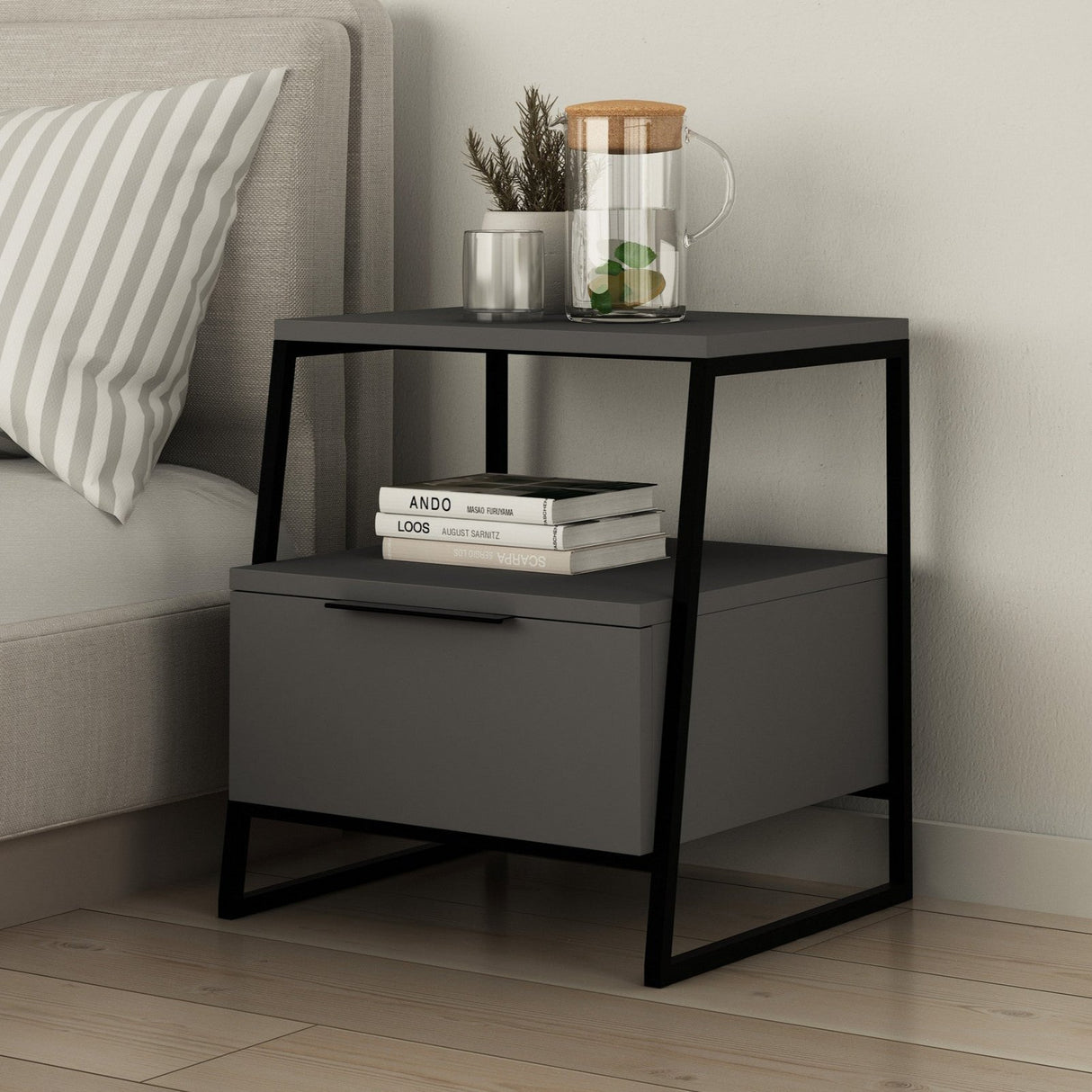 Nachtkastjes - Nachtkastje Pal Antraciet Melamine 45x50x40 cm - Dimehouse