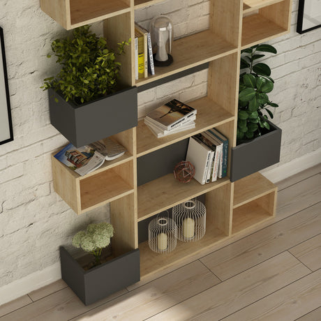 Libreria moderna vani asimmetrici melaminico rovere antracite Niho 120x171x20 cm