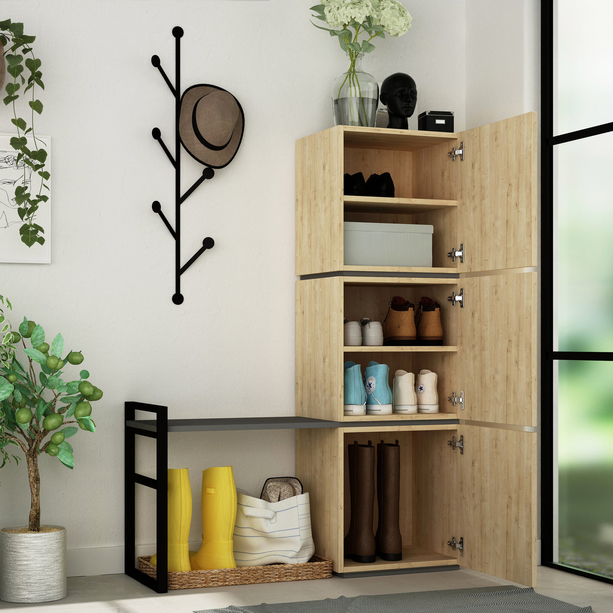 Schoenenkasten - Schoenenkast Mello Eik Antraciet Melamine 109x149x39 cm - Dimehouse
