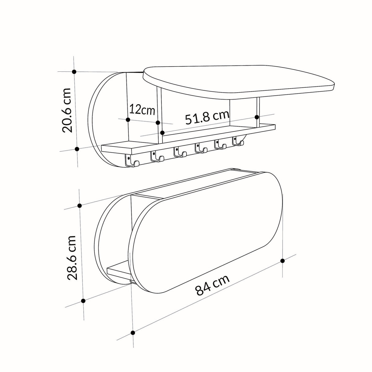 Appendiabiti Ovale 6 Ganci - Hitit - 84x29 cm - Con scomparto