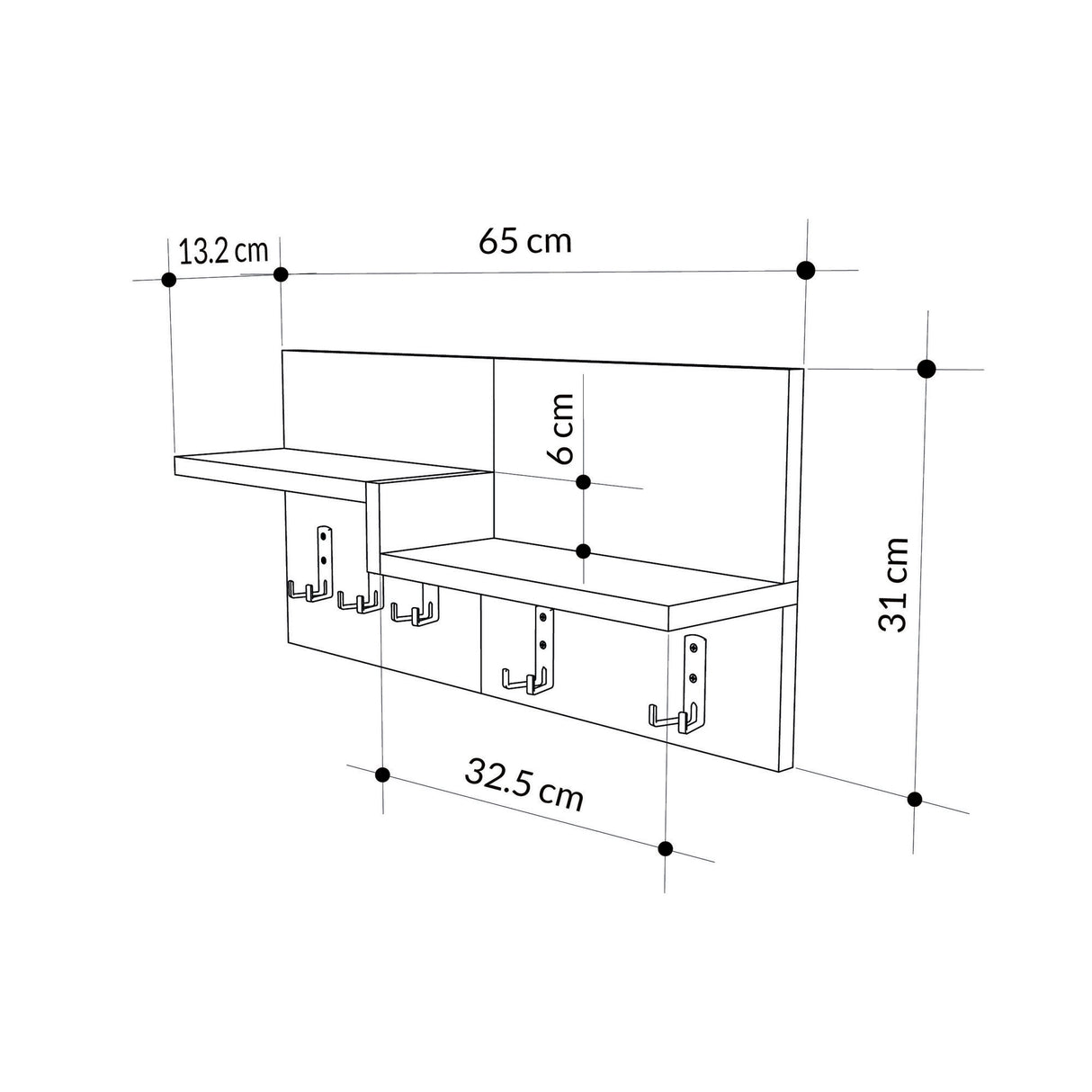 Appendiabiti in legno di rovere melaminico - 5 ganci bianco - 65 cm - Lagona