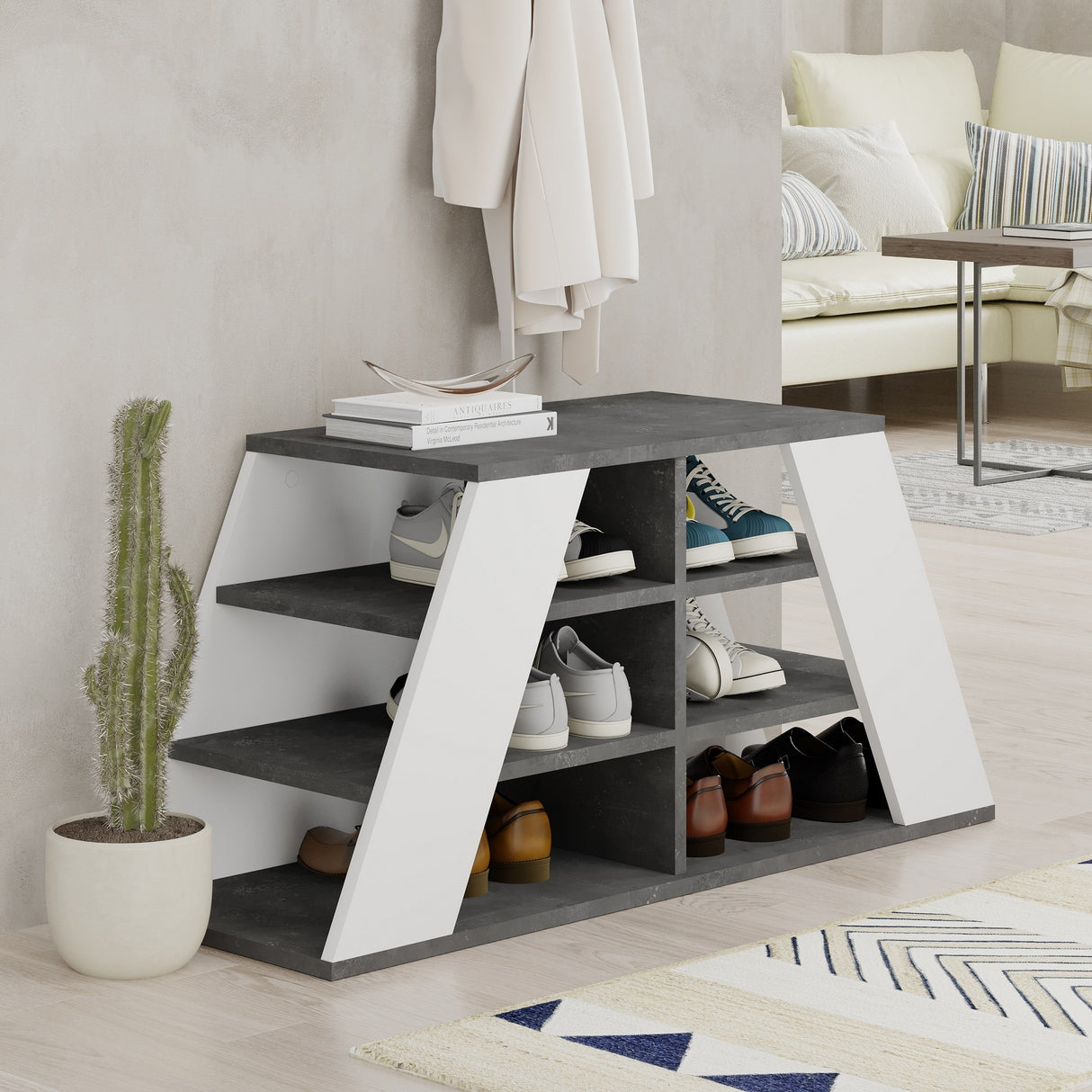 Schoenenkasten - Schoenenkast Pyramid Grijs Wit Melamine 105,5x50x37,5 cm - Dimehouse