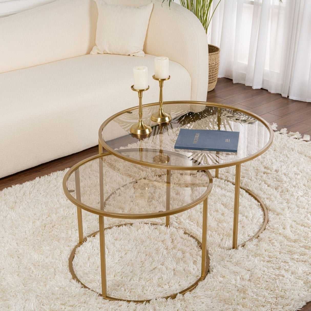Salontafels - Moderne Ronde Salontafel Set van 2 Uru Goud - Brons Glas - 80/60 cm - Dimehouse
