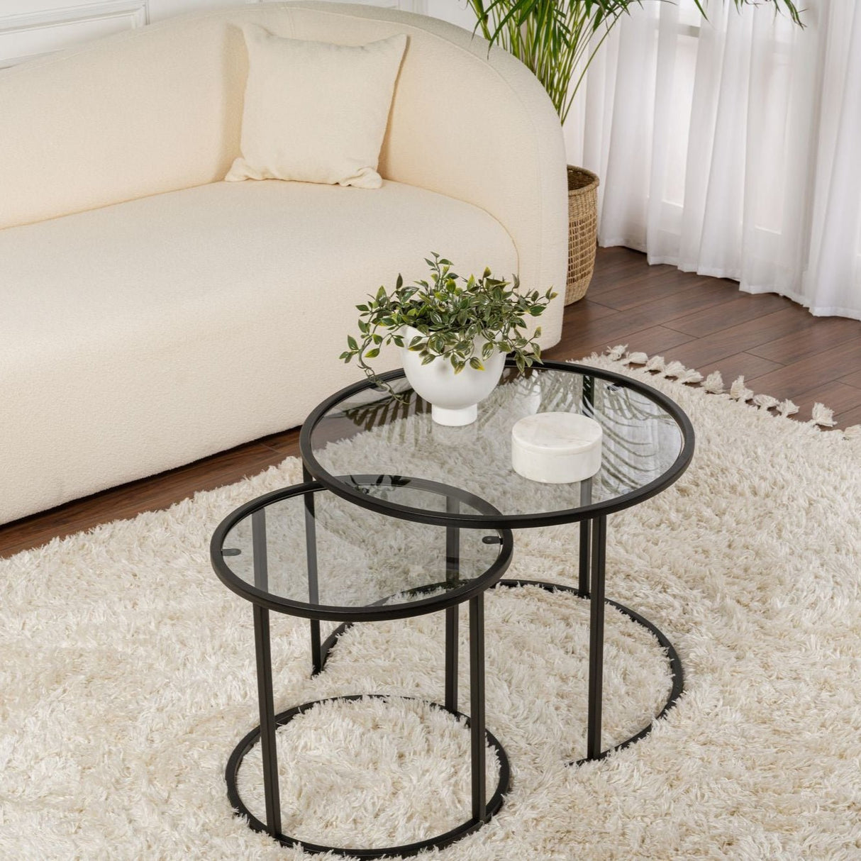 Salontafels - Moderne Ronde Salontafel Set van 2 Uru Zwart - Grijs Glas - 60/42 cm - Dimehouse