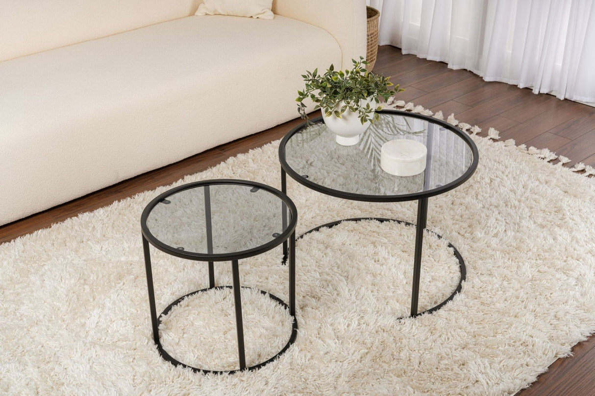 Salontafels - Moderne Ronde Salontafel Set van 2 Uru Zwart - Grijs Glas - 60/42 cm - Dimehouse