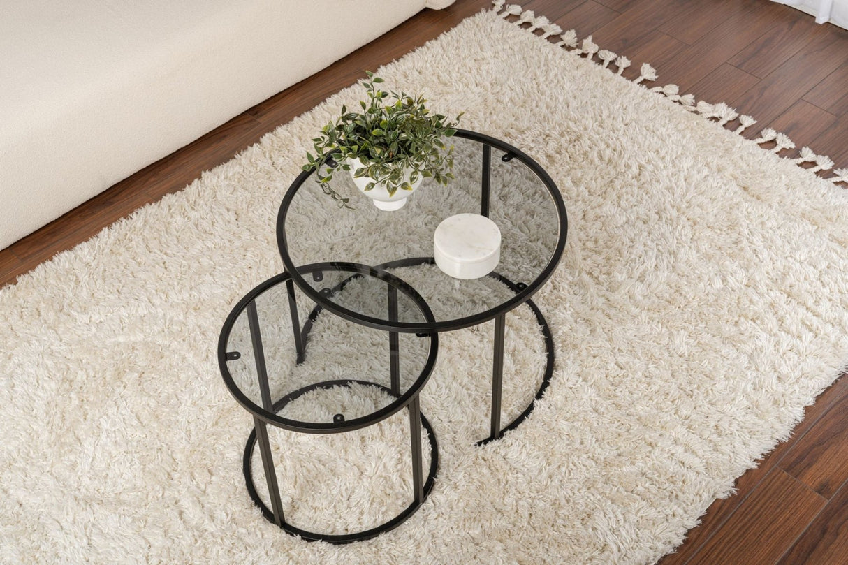 Salontafels - Moderne Ronde Salontafel Set van 2 Uru Zwart - Grijs Glas - 60/42 cm - Dimehouse