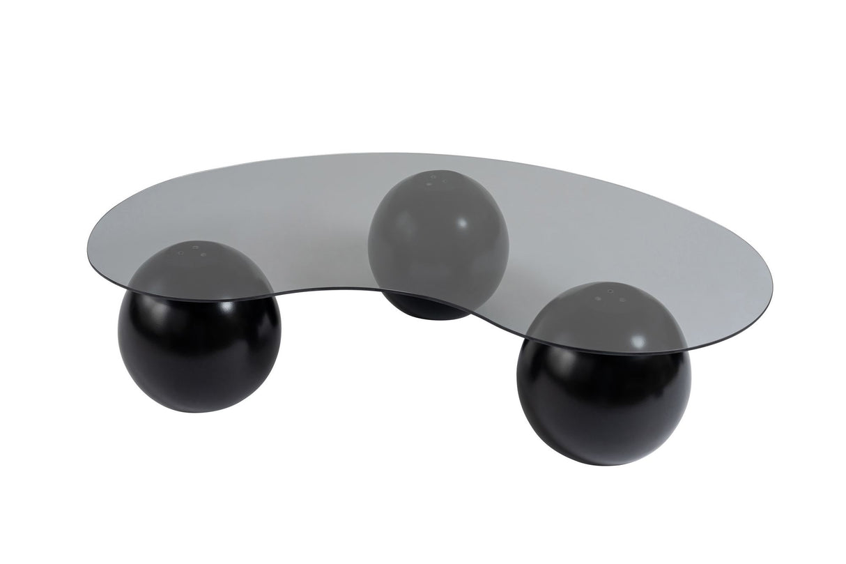 Salontafels - Organische salontafel grijs getint glas zwarte bolpoten Sphere 120x70 cm - Dimehouse