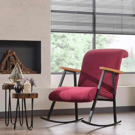Sedia a dondolo retrò in velluto rosso bordeaux con braccioli in legno di faggio Yoka