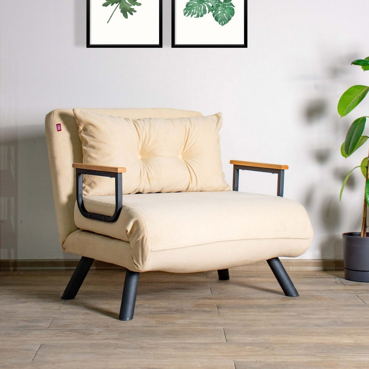 Fauteuils - Scandinavische slaapfauteuil Crème stof linnen look Sando - Dimehouse