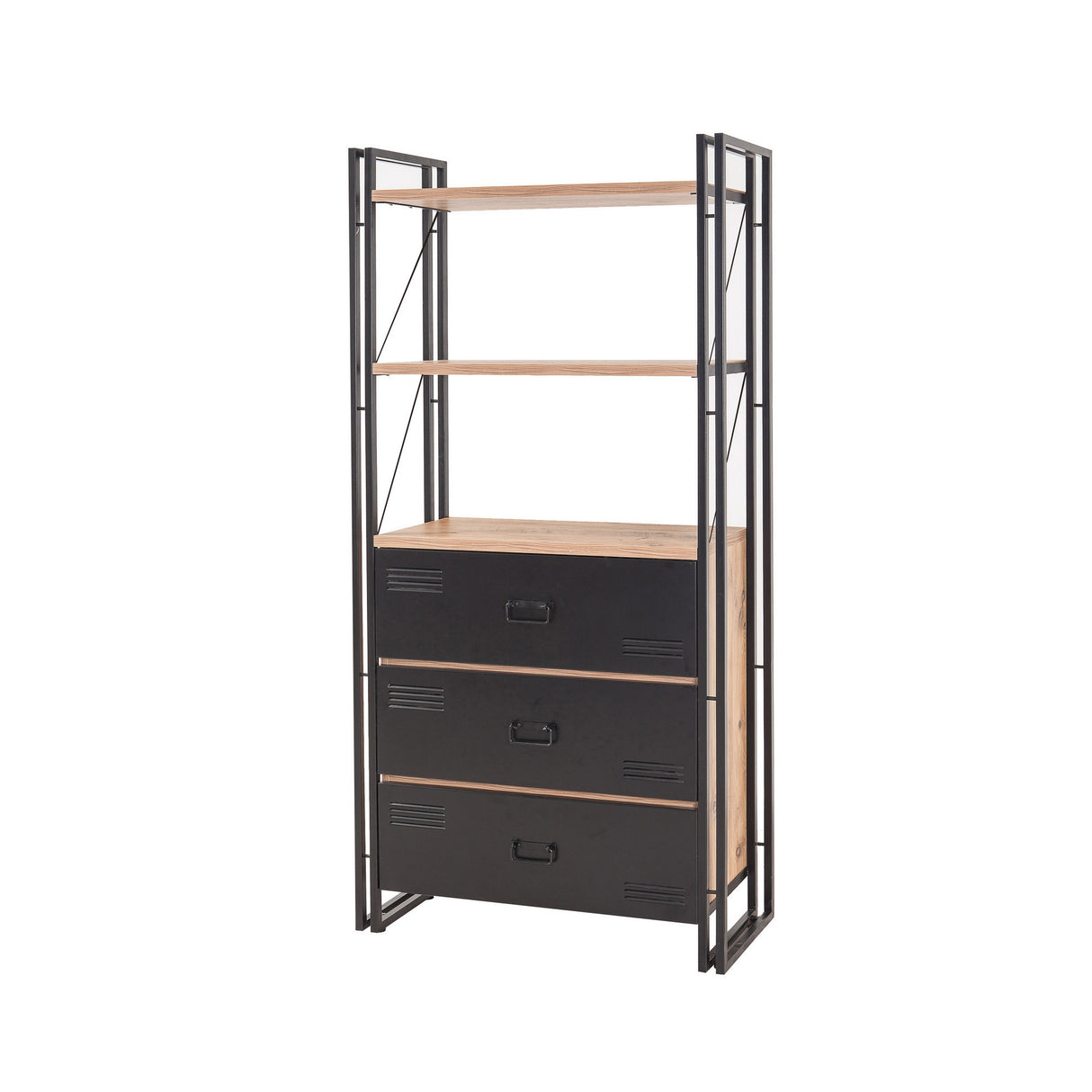 Libreria industriale con cassetti legno di pino melaminico metallo nero Cosmo 90x180x35 cm
