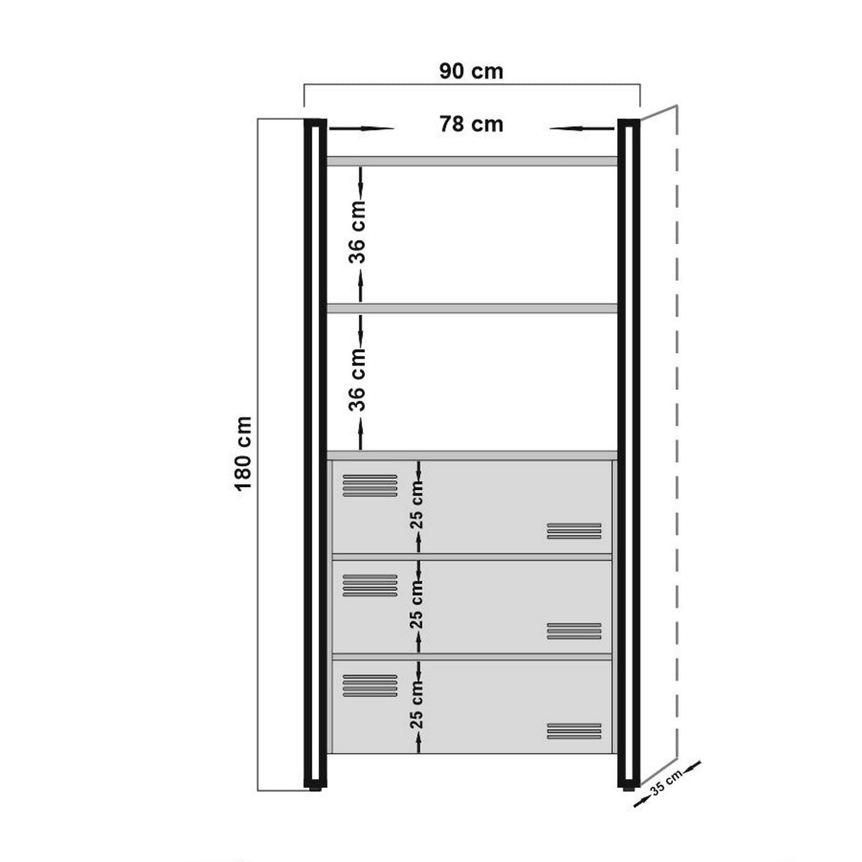 Libreria industriale con cassetti legno di pino melaminico metallo nero Cosmo 90x180x35 cm