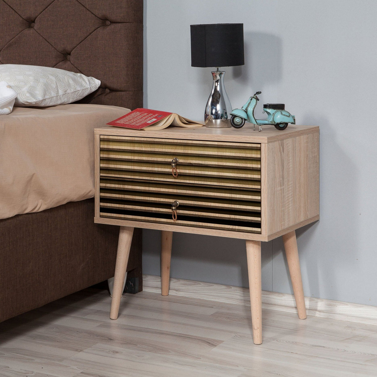 Nachtkastjes - Nachtkastje Catalina Sonoma Eik Melamine 60x61x40 cm - Dimehouse