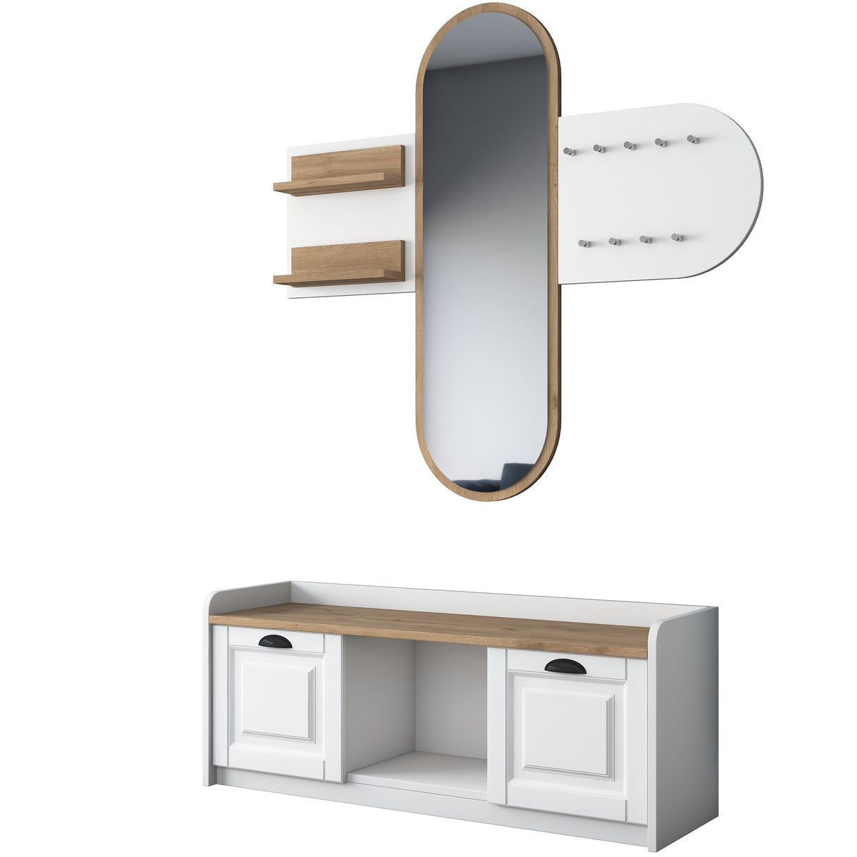 Set di mobili Appendiabiti - Specchio - Scarpiera - Melaminico Bianco-Noce - Hally
