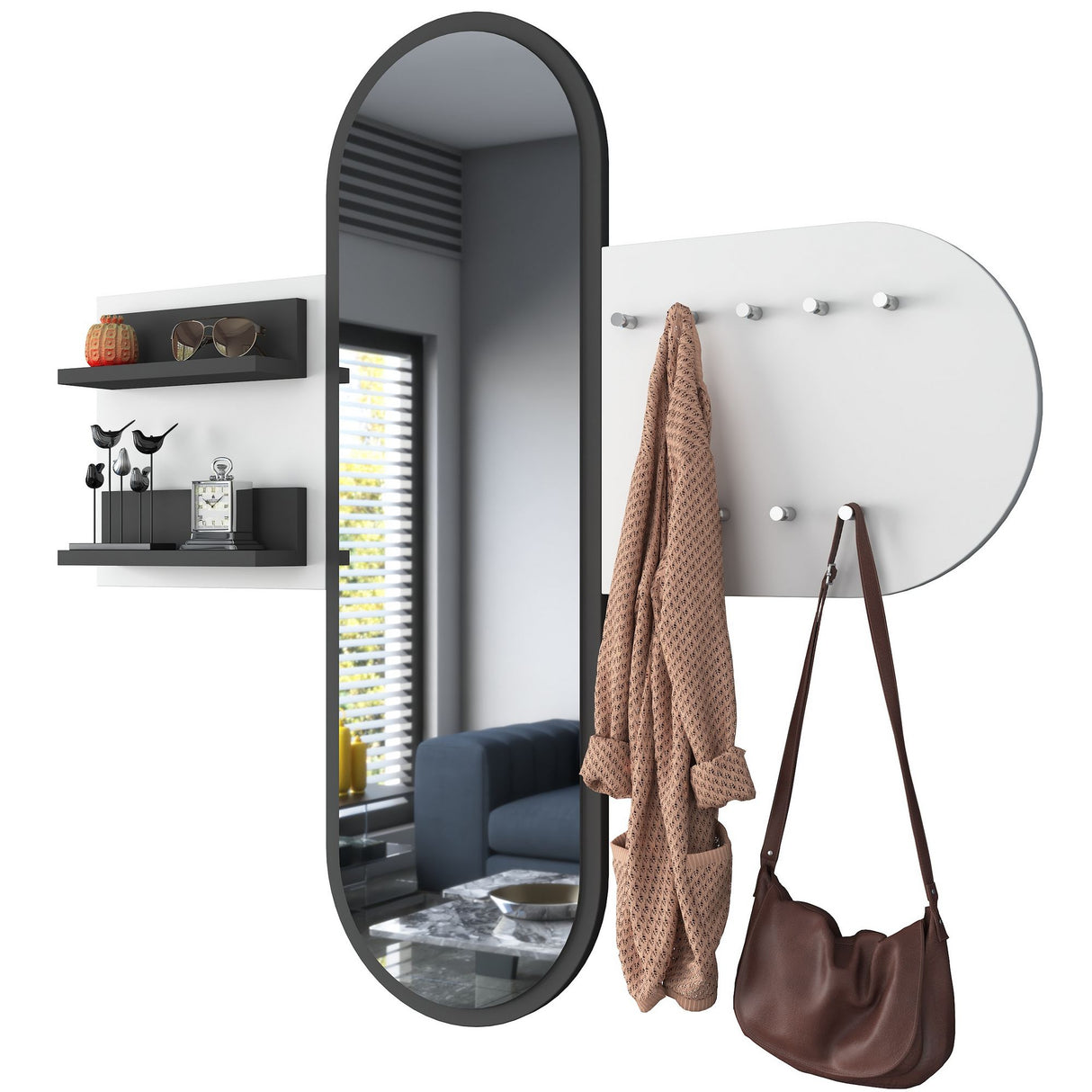 Appendiabiti Melamina Bianca a 9 Ganci - Con Specchio - Due Ripiani - Hally