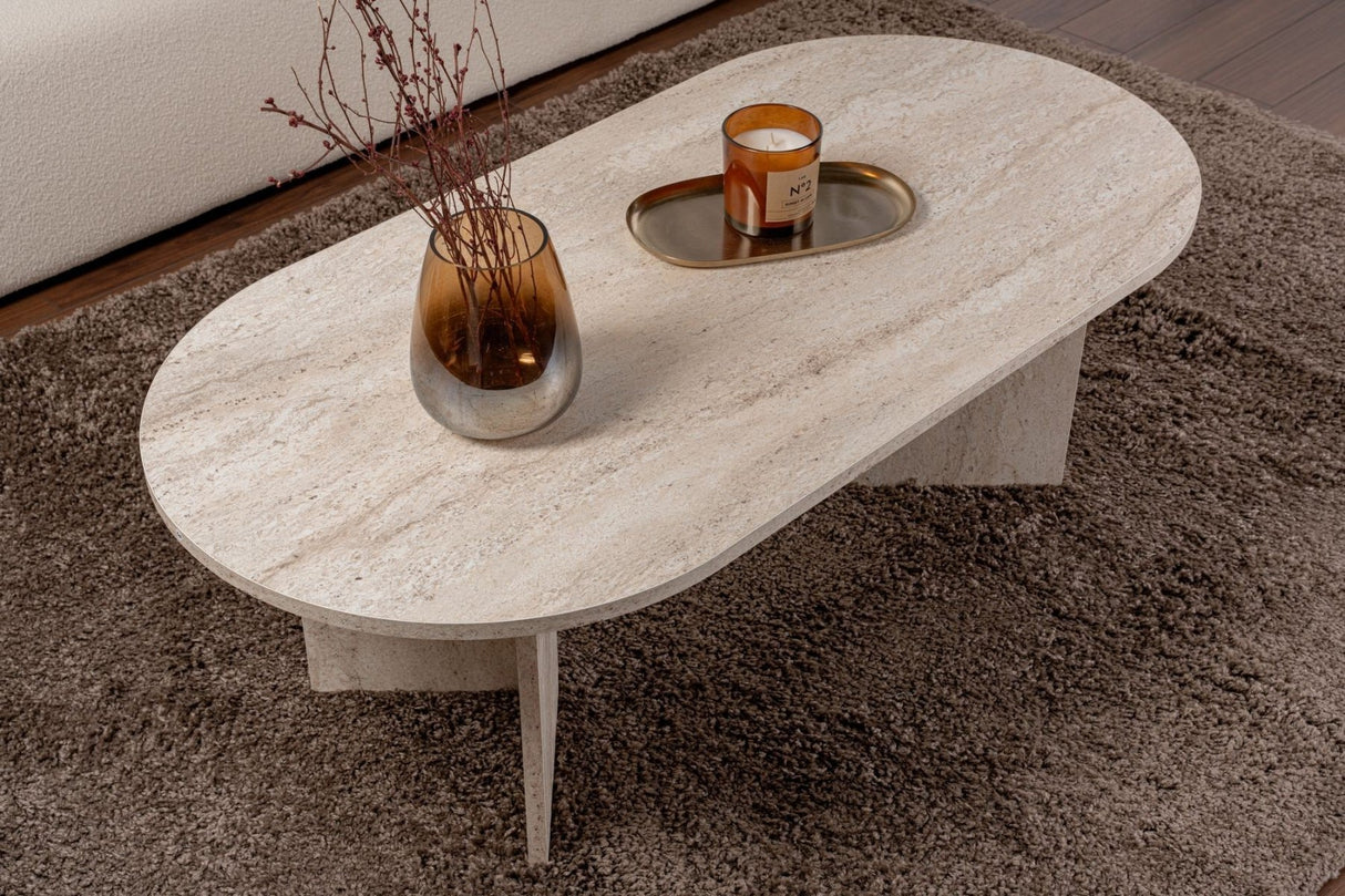 Tavolino ovale melaminico travertino - Japandi - 119x60 cm - Sota