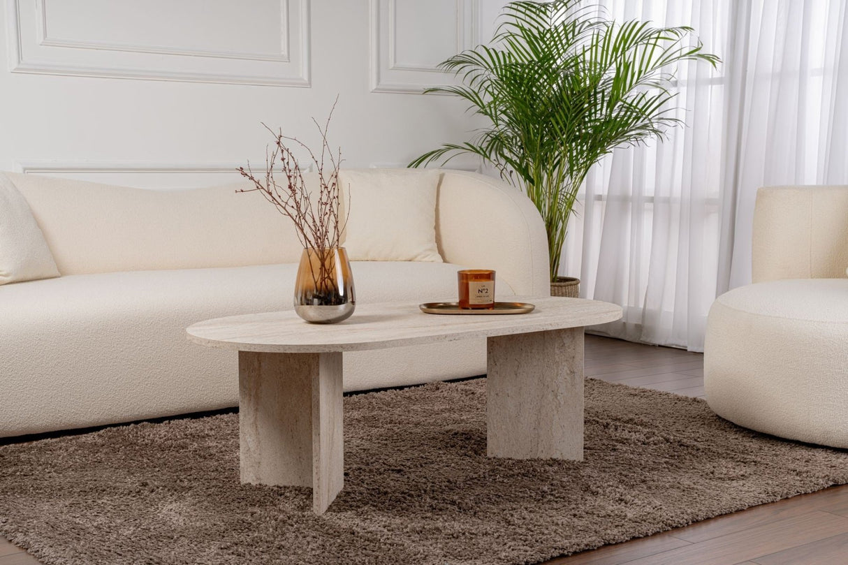 Tavolino ovale melaminico travertino - Japandi - 119x60 cm - Sota
