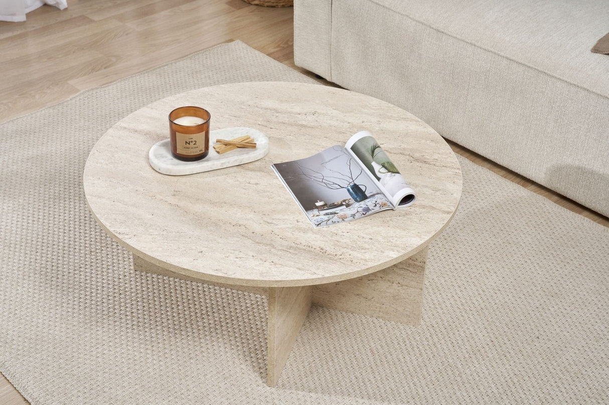 Salontafels - Ronde salontafel Travertin melamine - 90x90x40 cm - Dakota - Dimehouse