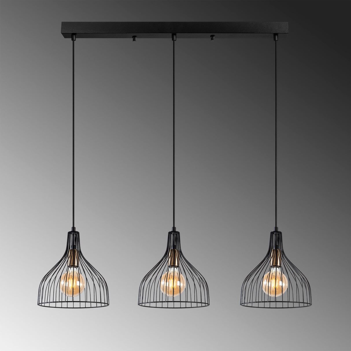 Lampada a sospensione a 3 luci in metallo nero Vine