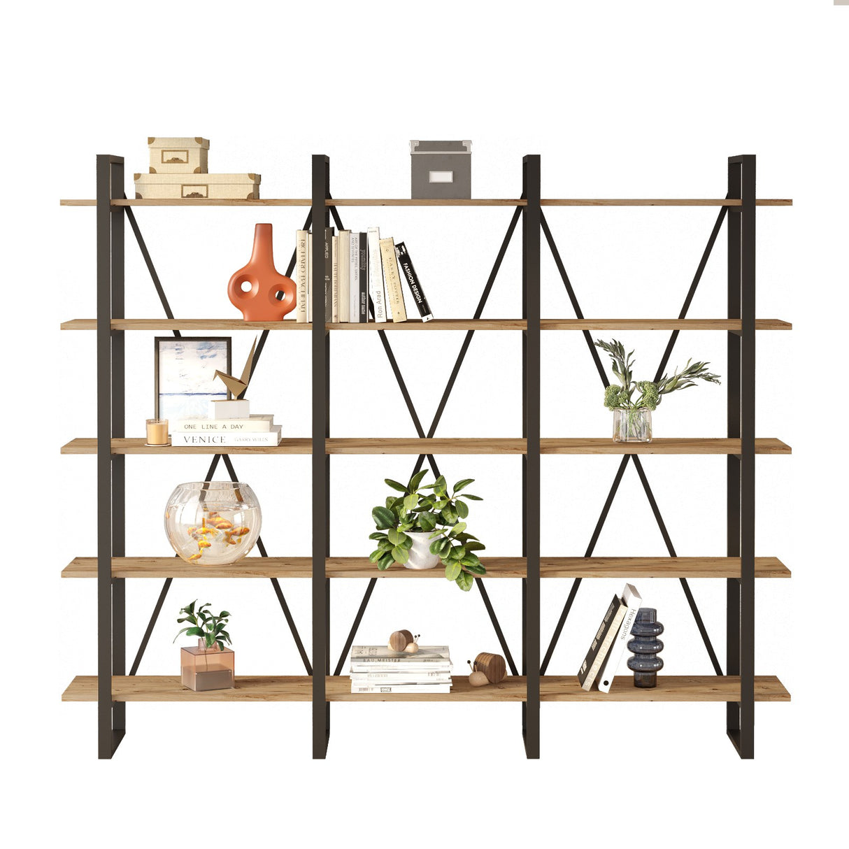 Boekenkasten - Boekenkast Lyra Atlantisch Dennenhout Melamine 219,6x180x34 cm - Dimehouse