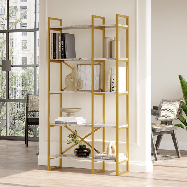 Boekenkasten - Boekenkast Valdis Marmer Wit Goud Melamine 87,5x175x30 cm - Dimehouse