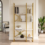 Boekenkasten - Boekenkast Valdis Marmer Wit Goud Melamine 87,5x175x30 cm - Dimehouse
