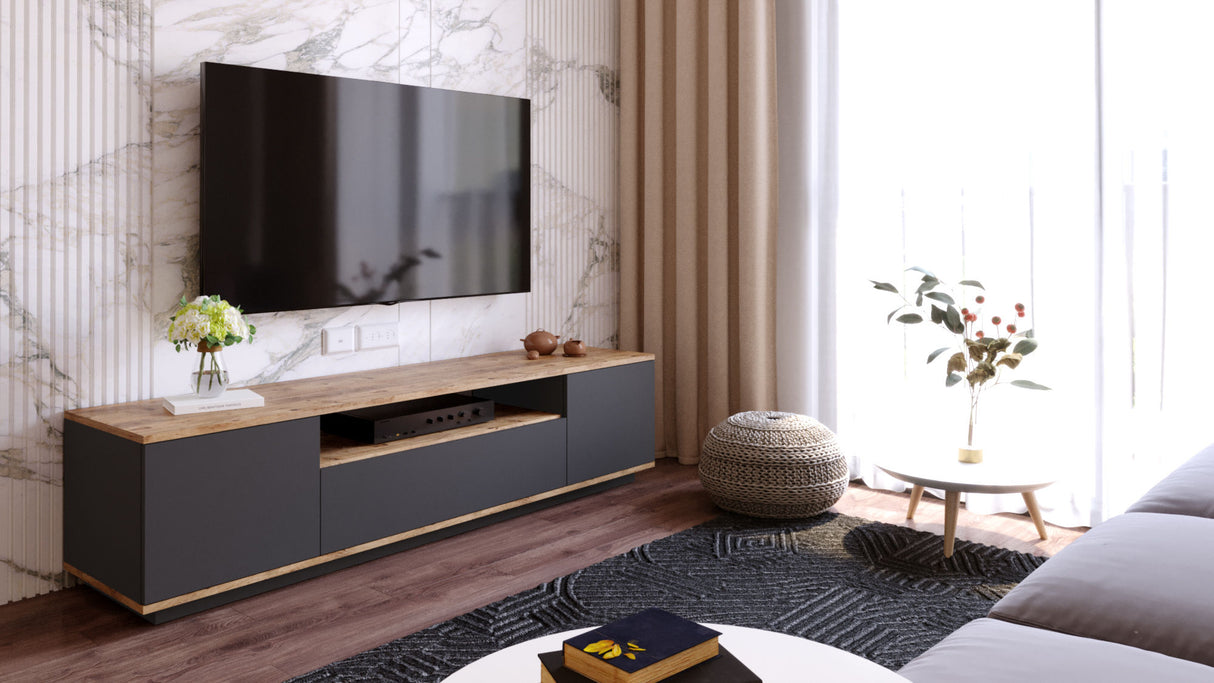 TV Meubels - TV Meubel Vesper Atlantisch Dennenhout Antraciet Melamine 180x44,6x44,5 cm - Dimehouse