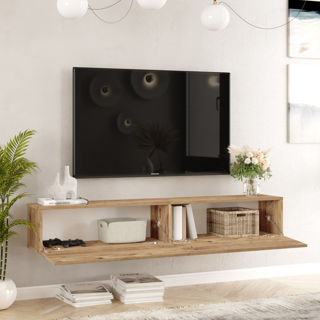 TV Meubels - Zwevend TV Meubel Turin Atlantisch Dennenhout Melamine 180x29,6x31,6 cm - Dimehouse