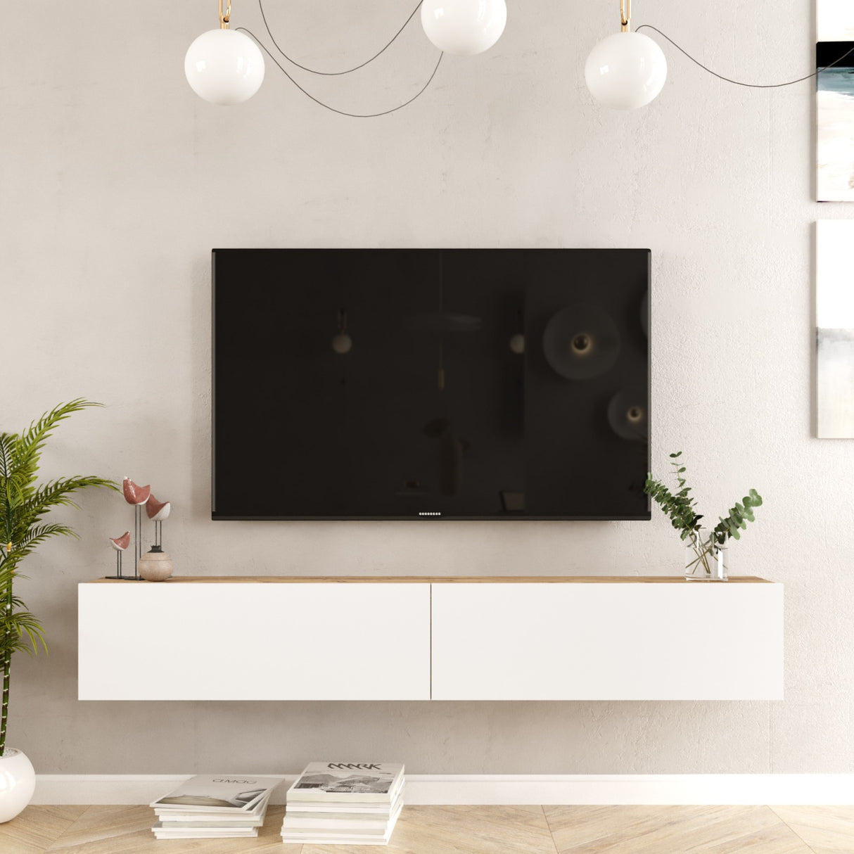 TV Meubels - Zwevend TV Meubel Turin Atlantisch Dennenhout Wit Melamine 180x29,6x31,6 cm - Dimehouse