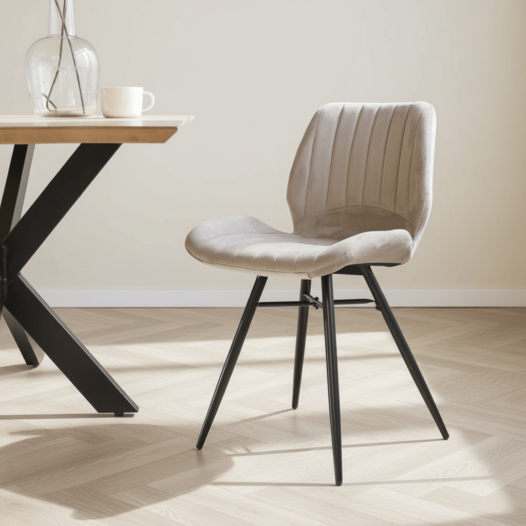 Sedia da sala da pranzo Beau in tessuto di velluto beige - senza braccioli, foto suggestiva in un interno moderno