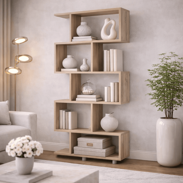 Boekenkasten - S - vormige boekenkast eiken melamine Elif 90x156x20 cm - Dimehouse