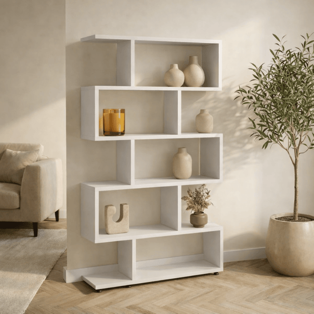 Boekenkasten - S - vormige boekenkast wit melamine Elif 90x156x20 cm - Dimehouse