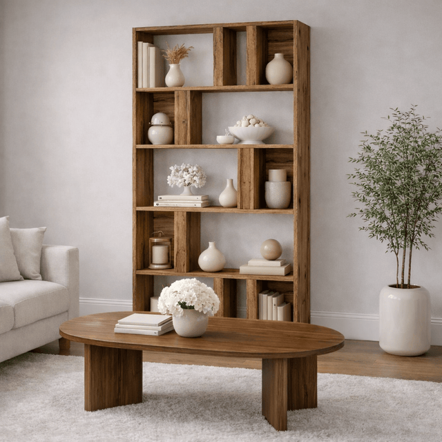 Boekenkasten - Asymmetrische boekenkast walnoot melamine Lima 90x180x20 cm - Dimehouse