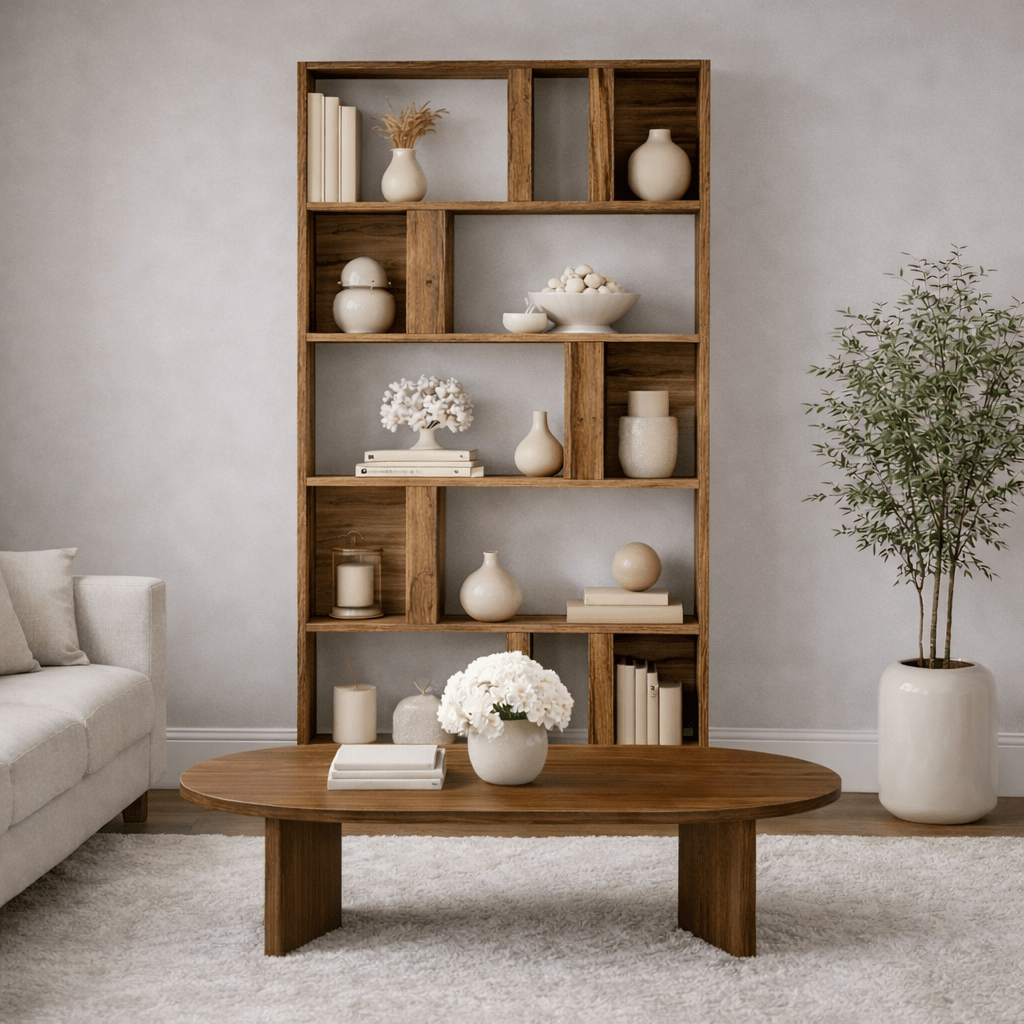 Boekenkasten - Asymmetrische boekenkast walnoot melamine Lima 90x180x20 cm - Dimehouse