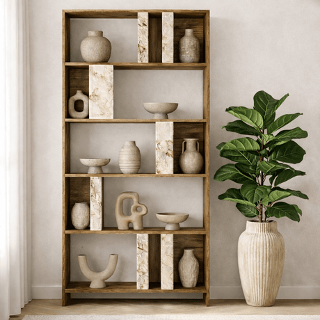 Boekenkasten - Asymmetrische boekenkast marmerlook walnoot melamine Lima 90x180x20 cm - Dimehouse