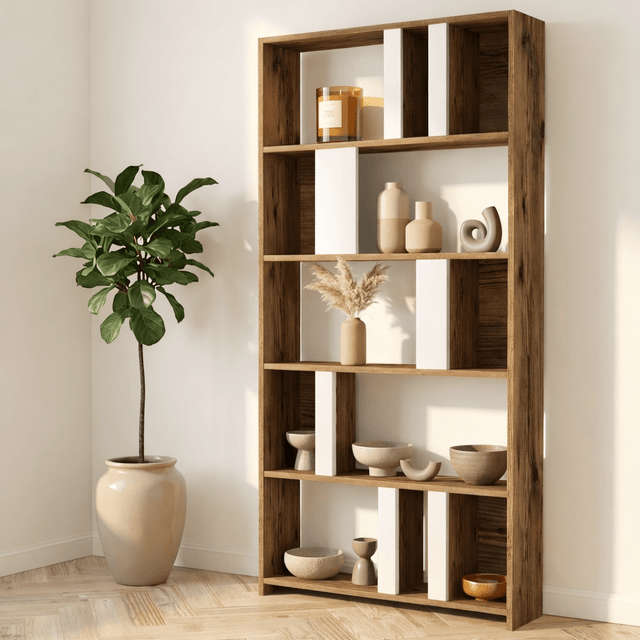 Boekenkasten - Asymmetrische boekenkast wit walnoot melamine Lima 90x180x20 cm - Dimehouse