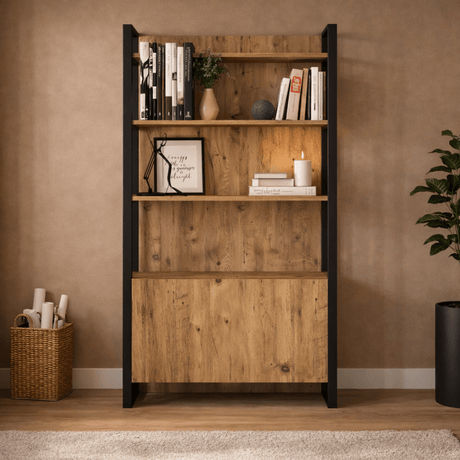Libreria industriale con ripiani e vano portaoggetti chiuso in nobilitato pino Lyra 90x180x34 cm