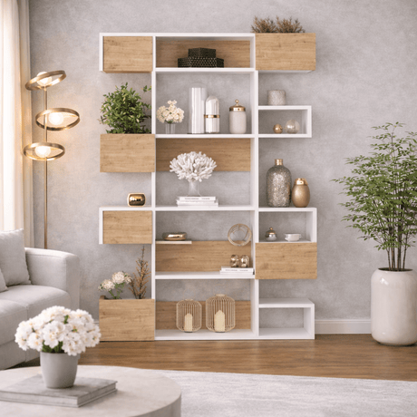 Libreria moderna vani asimmetrici melaminico rovere bianco Niho 120x171x20 cm