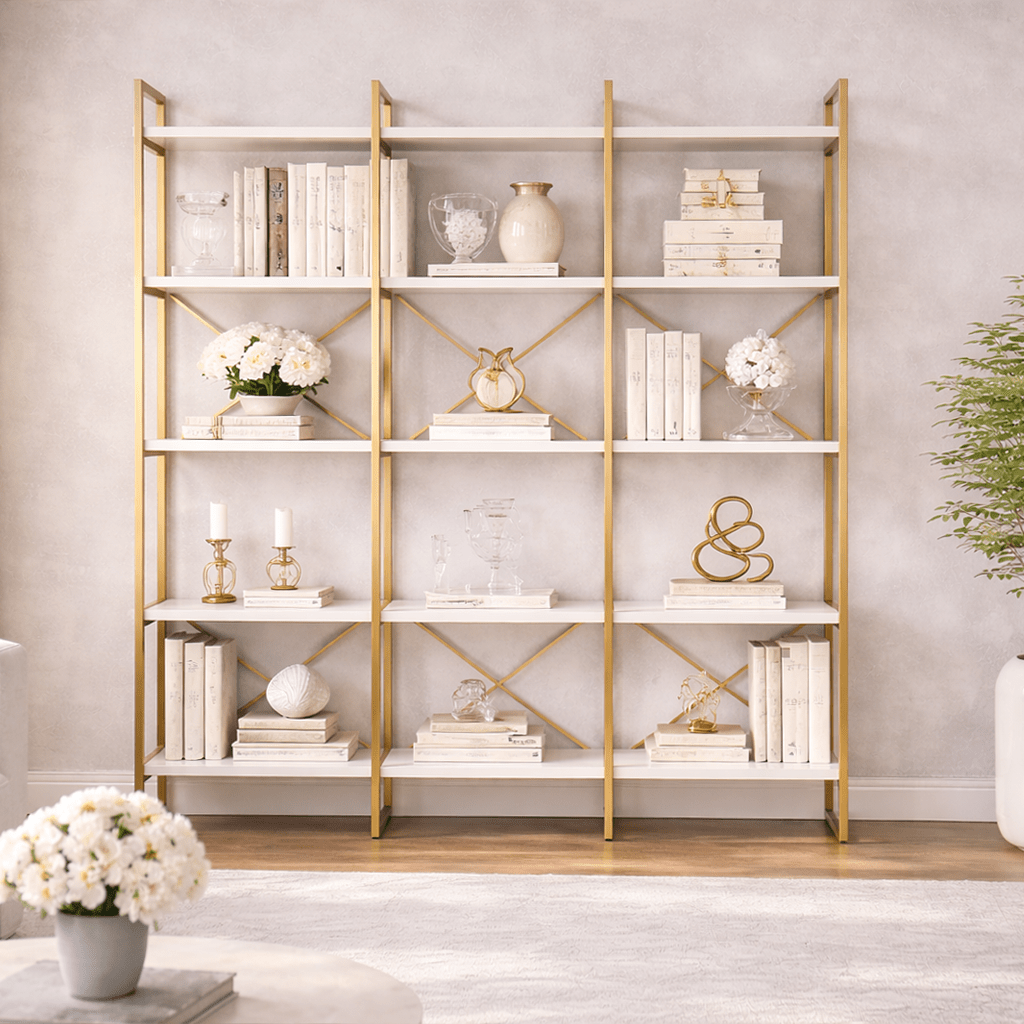 Boekenkasten - Boekenkast Valdis Marmer Wit Goud Melamine 170x175x30 cm - Dimehouse