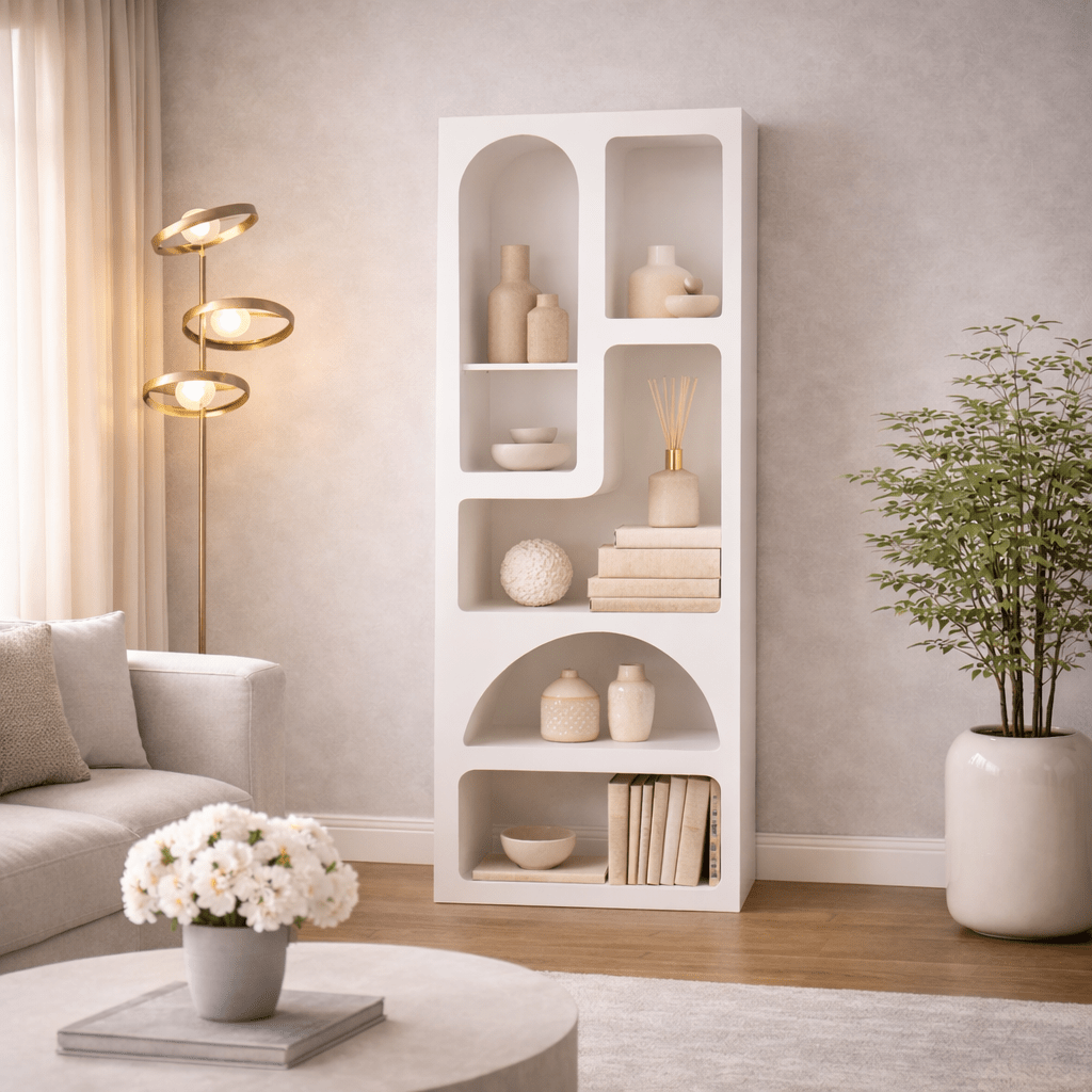 Libreria dalle forme organiche in nobilitato bianco Nolen 60x150x32 cm