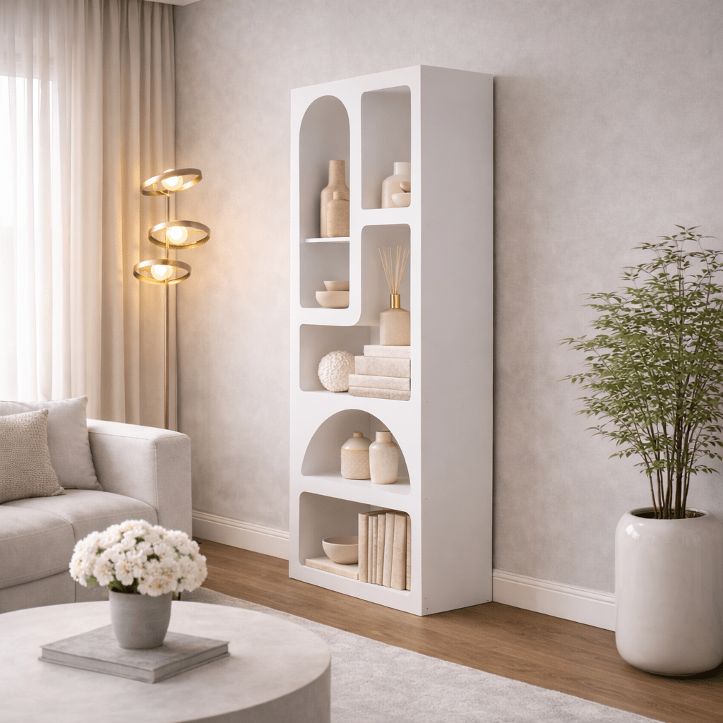 Libreria dalle forme organiche in nobilitato bianco Nolen 60x150x32 cm